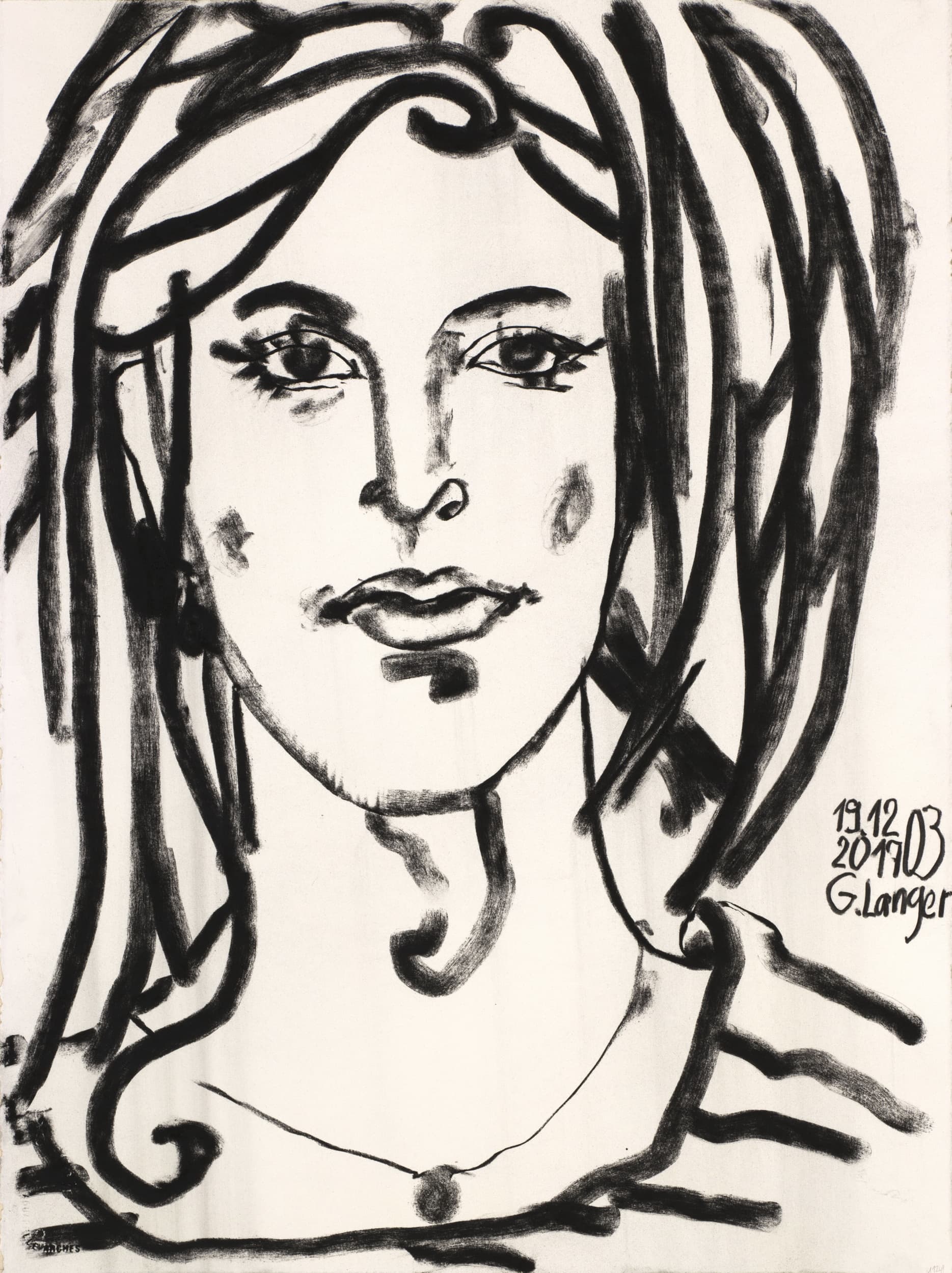 Gunter Langer, Portrait einer Frau, 2017, Zeichnung Kohle (Kohlezeichnung), Büttenpapier, 76 x 56 cm